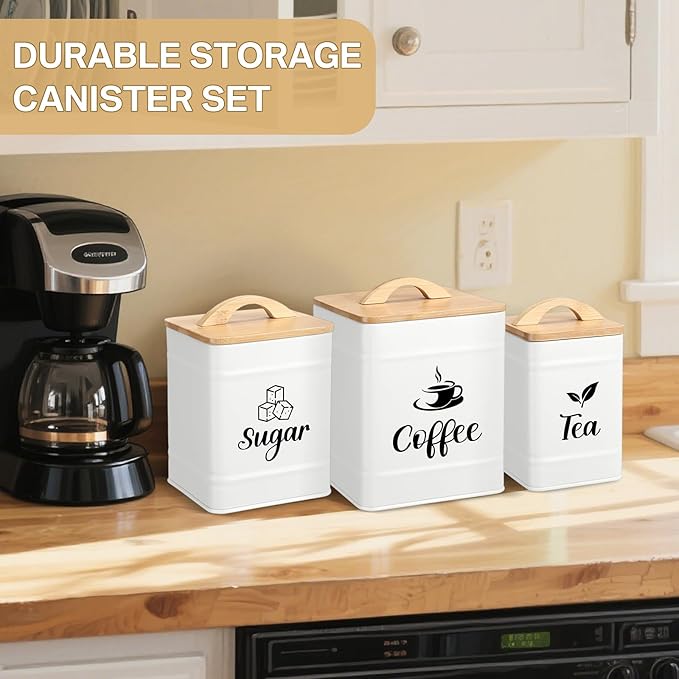 Maxdot 3 Set Coffee Sugar Tea Containers, Square Airtight Kitchen Canisters
