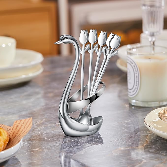 Silver Small Coffee Spoon Holder Set, Swan Base