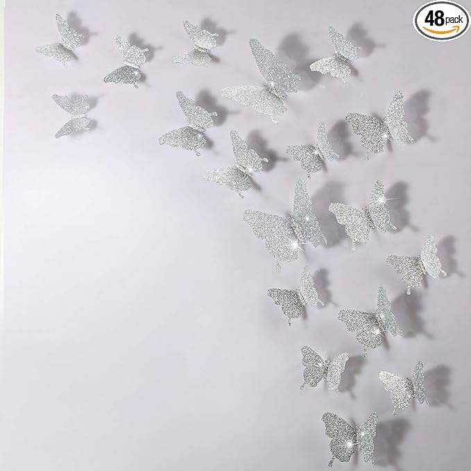 BBTO 48 Pieces Butterfly Wall Decor DIY Mirror 3D Butterfly Stickers Removable Decals for Home Bedroom School Bathroom Living Room Decor(Glitter Silver)