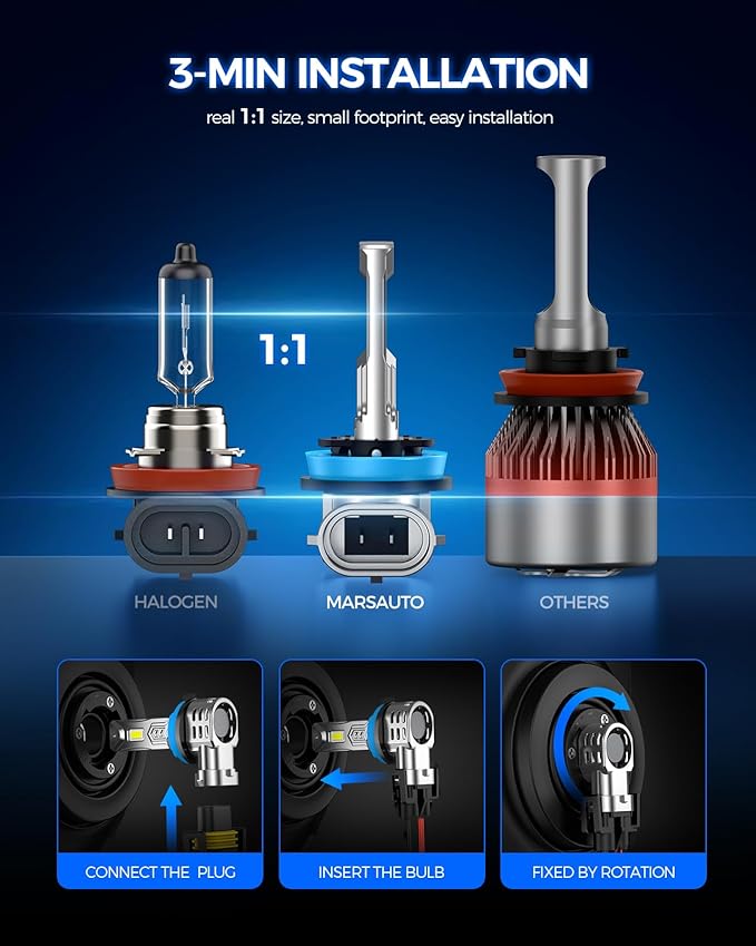 Marsauto H11/H9/H8 Light Bulbs, 60000LM 1200% Brightness, Real 1:1 Design, H9/H8 Fog Lights 6500K White, Plug N Play, 80000+ HRS Lifespan, IP68, Pack of 2