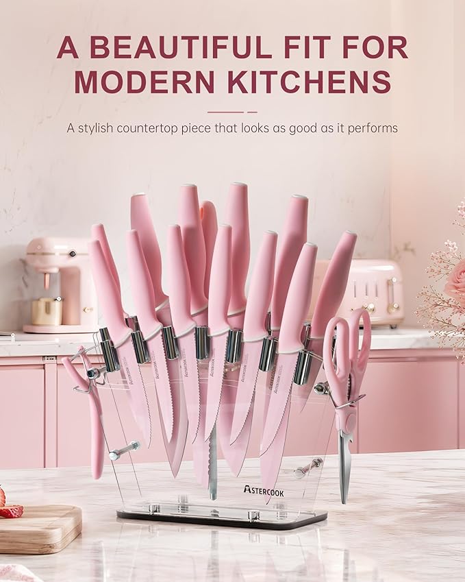 Astercook Knife Set with Block and Sharpener, 22 Piece Kitchen Knife Set