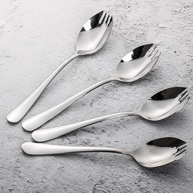 Alata Sporks, 4-Pack Food-grade Stainless Steel Sporks, 7.4 Inches Long Handle Salad Forks For Dessert, Ice Cream, Salad, Soup, Noodle, Spaghetti, Dishwasher Safe