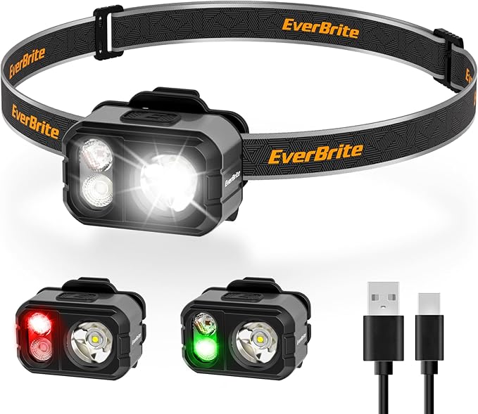 EverBrite Rechargeable LED Headlamp, Only 1.59 OZ Ultra-Light with Hat Clip, IP67 Waterproof, White/Red/Green Light, 7 Modes for Camping, Running and Backpacking-Grey