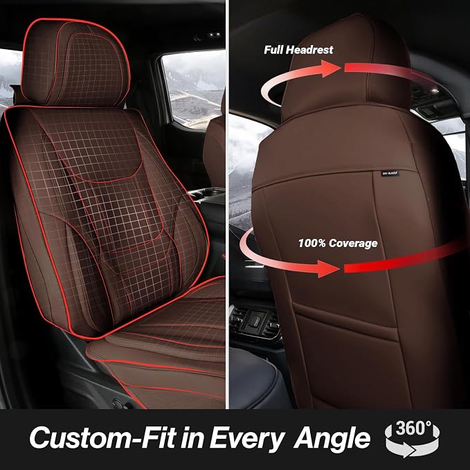 Coverland Custom Truck Car Seat Covers Front Seats for [2007-2013 GMC Sierra 1500 Crew, Extended Cab] - Protector Water Resistant Leather Memory Form Back Support Seat Cushion [Front-Dark Brown]