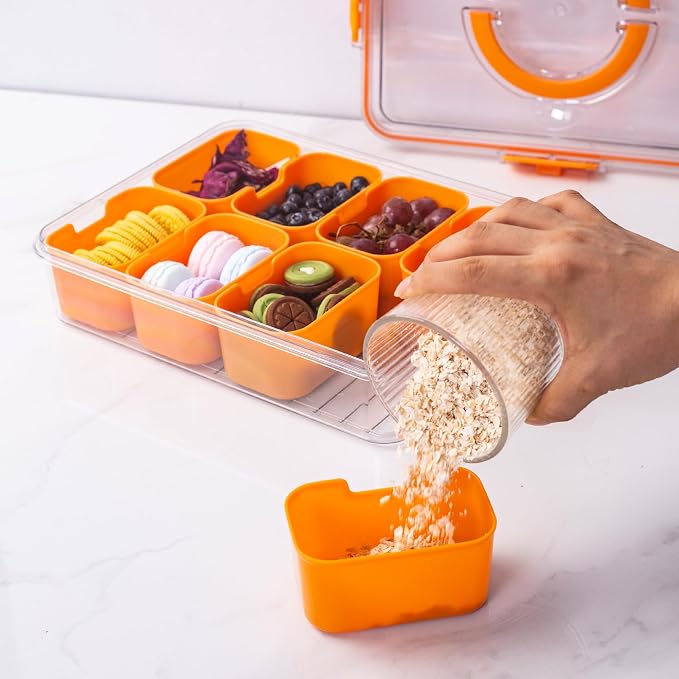 WACOI Divided Snack Serving Tray with Lid and Handle Travel Snackle Charcuterie Container Portable Storage Organizer for Candy, Fruits, Nuts, Snacks, Party, Picnic (1pack, Orange)