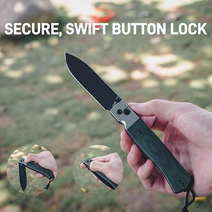 CJRB Glacier Pocket Knife, 3.54'' AR-RPM9 Steel Blade EDC Knife with Micarta Handle for Men Women Camping Hiking Survival(1961 Green)