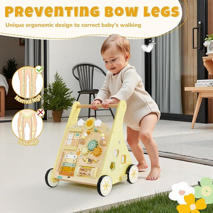 labebe Wooden Baby Walker, Push Walker for Baby Boys and Girls with Activity Center, Montessori Walker Push Toy for Toddler Learning to Walk