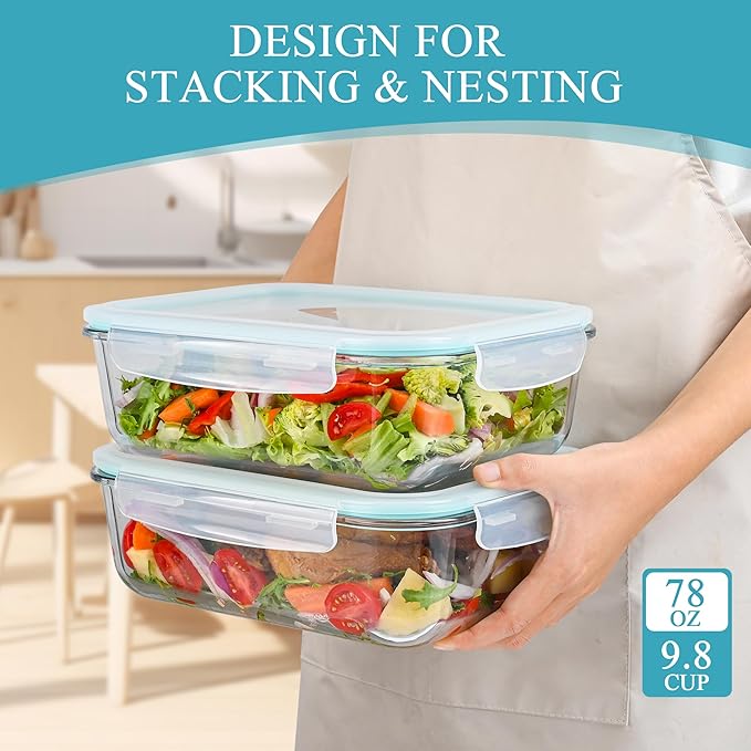 GEHE 9.8 Cup / 78 Oz Large Glass Food Storage Containers with Lids, 2 Pack Glass Meal Prep Containers Set with Airtight Locking Lids - Storing Food, Baking, Leakproof, Freezer, Microwave & Oven Safe