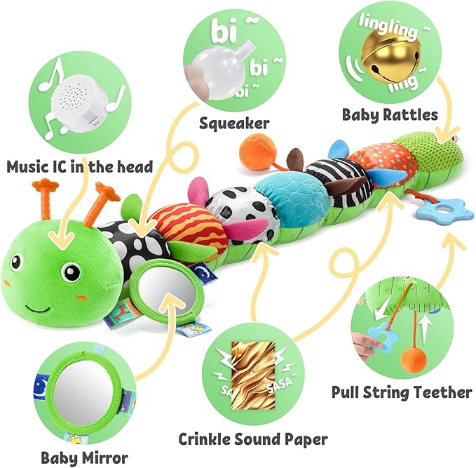 LIGHTDESIRE Baby Toys Musical Caterpillar,Infant Toys Stuffed Animals with Ruler Design,Mirror,Pull String&Ring Bell,Baby Teething Toys for Tummy Time Toy Newborn Gift 3 6 12 Months(Green,Leafy Limb)