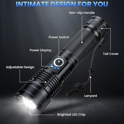 Rechargeable LED Flashlights High Lumens, 99,000 Lumens Super Bright Flashlight, Adjustable Handheld Flashlight with 5 Modes, Brightest Waterproof Flash Light for Home Camping(2 Packs)