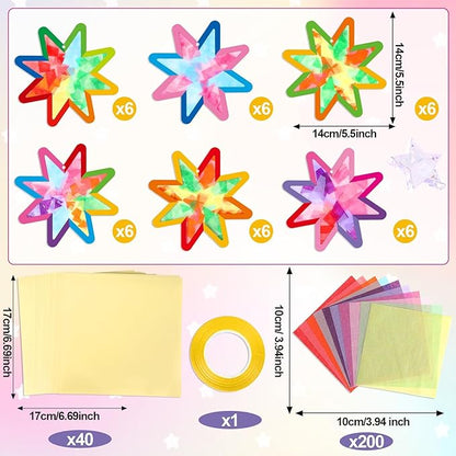 Qyeahkj 36 Set Summer Star Suncatchers Crafts for Kids DIY Star Window Tissue Paper Craft Kit Art Ornament Hanging Decor for School Home Classroom Activity Art Project Birthday Party Favors Gifts