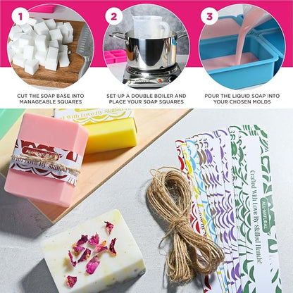 Soap Making Kit - Soap Making Supplies melt and Pour - DIY Set for Adults and Kids, Includes soap Base, Silicone molds, fragrances, Rose and Lavender Petals, by Prime Creations
