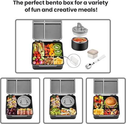 Bento Lunch Box with 8oz Soup Thermo,Kids Leakproof 4 Compartment Lunch Food Containers with Sauce Cup and Ice Pack,Kids Thermo Insulated Hot Food Jar and Lunch Bag for School,Trvael-Black