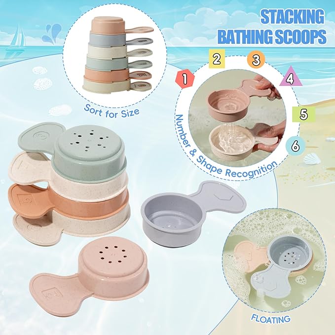 Baby Bath Toys, 11PCS | Mold Free Bath Toys for Toddlers with Bath Boats | Educational Bath Spoons with Numbers| Easy-Grip, Floating and Drain Water | Count Skill & Color Recognition | Baby Pool Toys