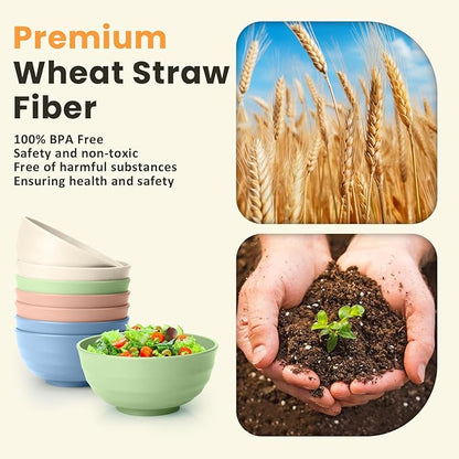 Homienly Large Wheat Straw Bowls 60oz Light Color Bowl Set of 8 - The Ultimate All-in-One Set for Salad, Soup, Cereal & Oatmeal, Microwave Safe & Unbreakable