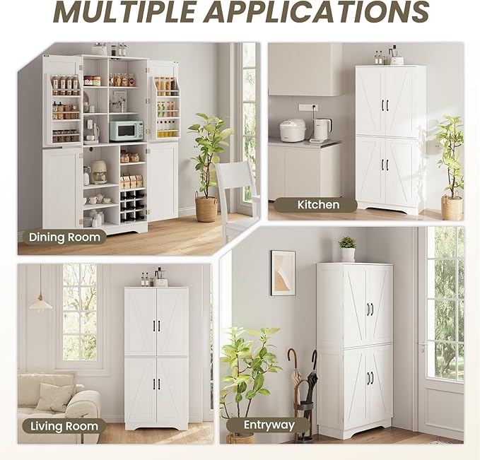 71" Tall Kitchen Pantry, Farmhouse Storage Cabinet with Doors, Shelves, Rustic Wood Cupboard, Built-in Wine Storage Grid & 6 Door Shelves for Kitchen, Dining Room, White