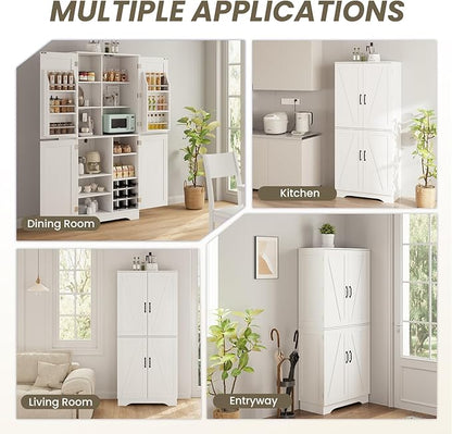 71" Tall Kitchen Pantry, Farmhouse Storage Cabinet with Doors, Shelves, Rustic Wood Cupboard, Built-in Wine Storage Grid & 6 Door Shelves for Kitchen, Dining Room, White