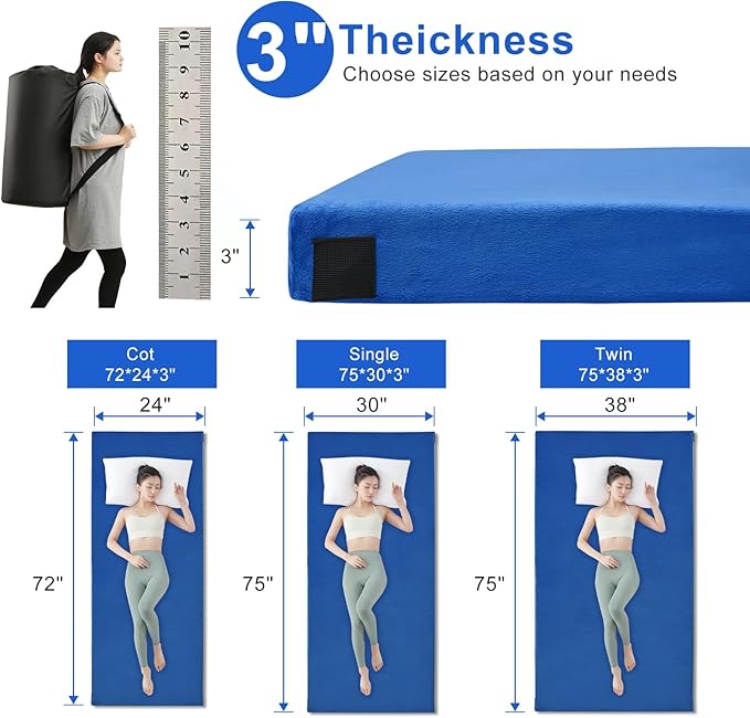 Memory Foam Camping Mattress pad, Comfortable Thick Floor Sleeping Mat for Adults with Waterproof and Non-Slip Bottom, Portable Roll Up Mattress for Sleepover Guest,Cot Mad for Car Camping