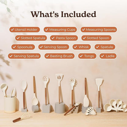 Silicone Kitchen Utensils Set & Holder: Cooking Utensils Set