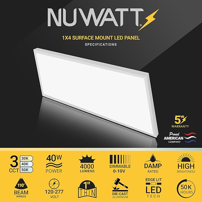NUWATT 2 Pack 1x4 FT LED Surface Mount Panel 120-277V Universal Voltage