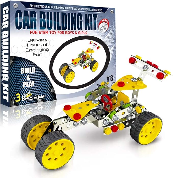 3 Bees & Me STEM Car Building Erector Toy Kit | Educational Metal Project for Boys and Girls Aged 8-11 Years Old (Ages 6-7 with Help) Beginner Gift Set for STEM Learning and Junior Engineers