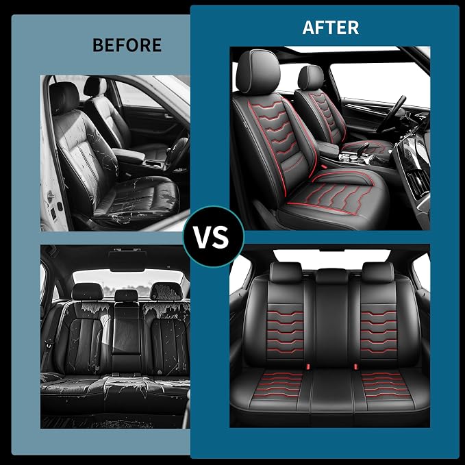 Fit Wrangler 4-Door Car Seat Covers for Jeep Wrangler 2010-2025 2026 -Premium Leather, Waterproof，Breathable，All-Weather Seat Cushion Protecto & Airbag Compatible, Full Set Red Line Black