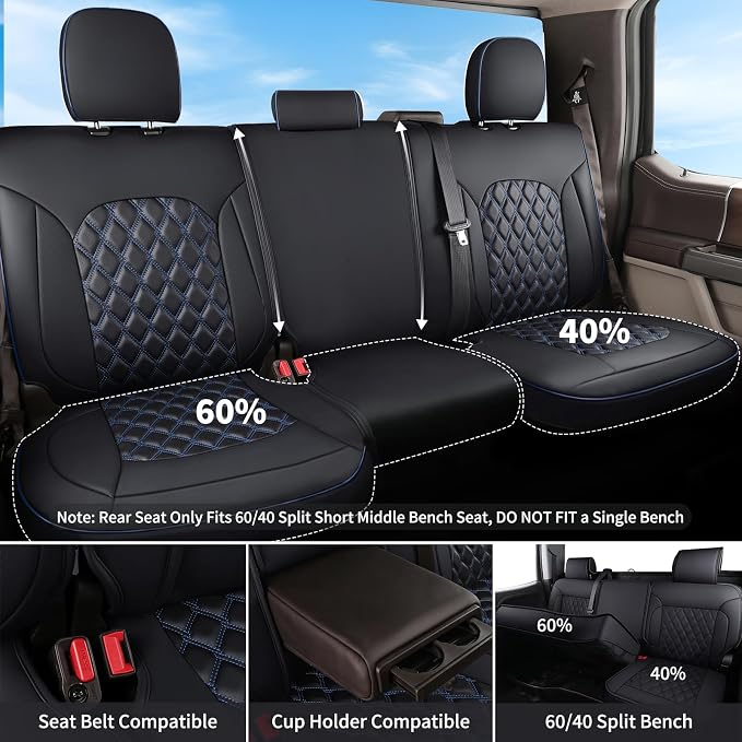 Huidasource Dodge Ram Seat Covers Full Set, Full Coverage Waterproof Leather Pickup Truck Seat Cushion Protector Fit for 2009-2018 1500, 2010-2025 2500/3500 Crew Mega Cab(Full Set/Black&Blue)