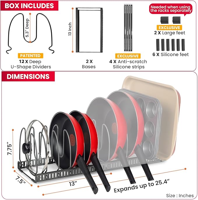 Better Things Home 7.5” Wide 12-Slot Adjustable Large Pan and Pot Lid Organizer