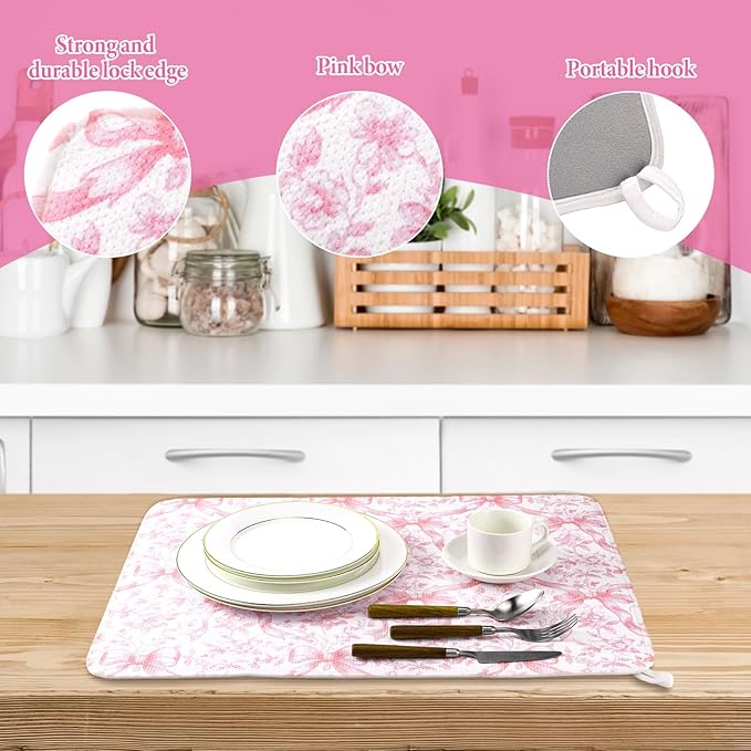 SiliFine 2 Pcs Large Coquette Pink Bow Dish Drying Mat Large