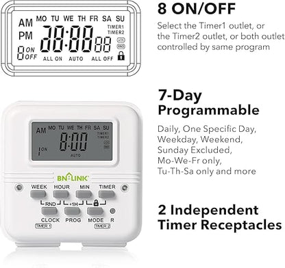 BN-LINK Indoor Digital Light Timer, 7 Day Programmable Plug