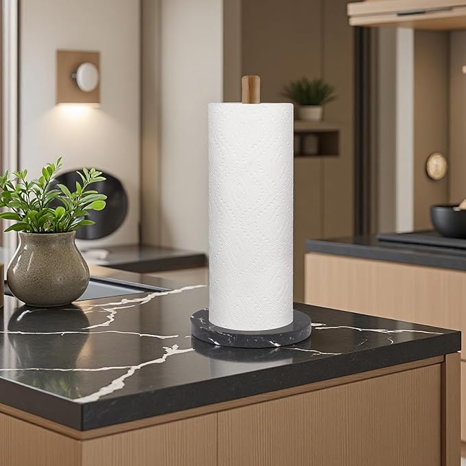 Buruis Wood Paper Towel Holder, Marble Base Modern Decorative Countertop