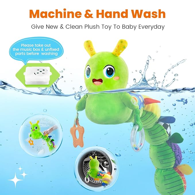 Baby Toys 0-6 Months, Washable Baby Musical Caterpillar Toys with 10 Children's Songs,Rattles,Teething Toys,Suitable for 0-6, 6-12 Months Infant Tummy Time Toy,Newborn Baby Boy&Gril Toy(Green)