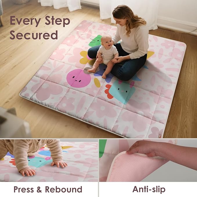 Baby Play Mat, Foldable Play Mats for Floor, 50x50 Inches Crawling Mat for Playpen with Anti-Slip Bottom, Machine Washable, Thicken Padding Foam Playmats for Babies and Toddlers (Pink Floral)