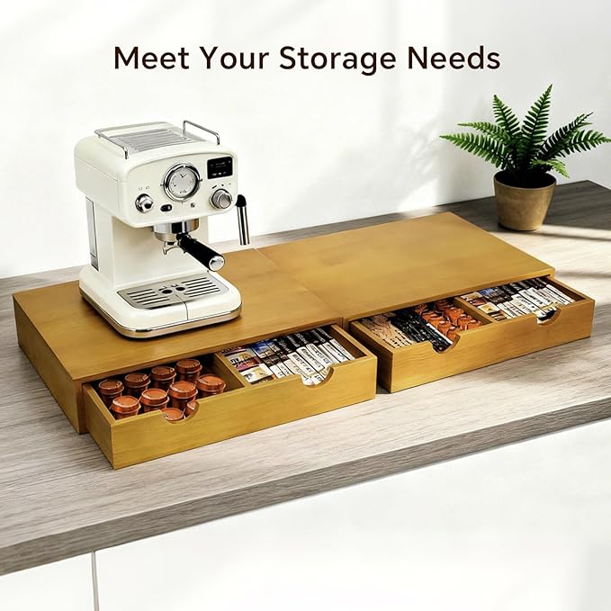 Coffee Pod 15" X 11" X 3" Natural Wood Countertop Organizer Drawer, Counter Top