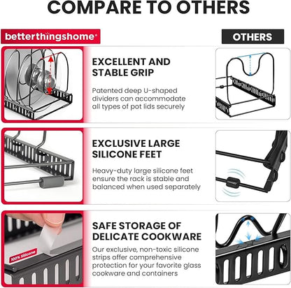 Better Things Home 7.5” Wide 12-Slot Adjustable Large Pan and Pot Lid Organizer
