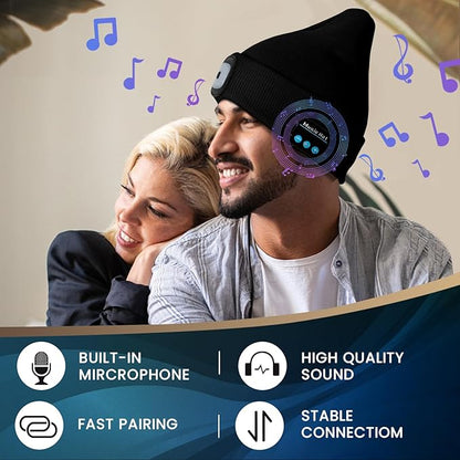 VIBELITE Bluetooth Beanie Hat with Light, USB Rechargeable LED Headlamp with Wireless Headphones, Gifts for Men, Him, Husband, Boyfriend, Dad Gifts for Dad, Husband, Father, Black