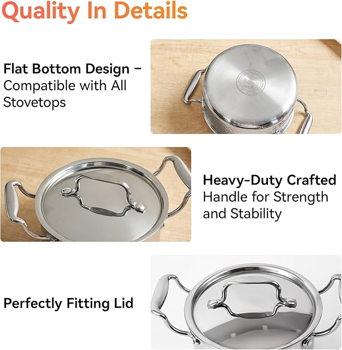 WANGYUANJI 1.8-Quart Stainless Steel Stock Pot with Lid, Small Soup/Sauce Pot, Tri-Ply Bottom, Induction Compatible, Dishwasher Safe, Hammered Finish
