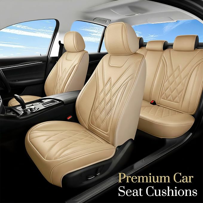 Car Seat Covers Compatible with Hyundai Kona 2018-2025 2026 - Full Set 5 Seats Luxury Leather All-Weather Seat Cushions & Protectors, Waterproof & Breathable, Airbag Compatible (Beige)