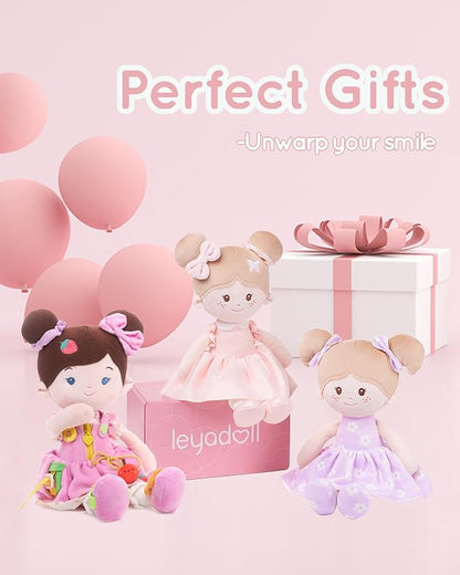 LeyaDoll Educational Soft Baby Doll(16''), Learning Sensory Doll for Toddlers, Montessori Toys for 2-Year-Old Girls Christmas, Birthday Gifts, Plush Doll with Zipper, Shoelace, Button-Busy Jucy Girl