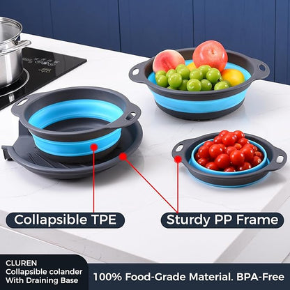 Collapsible Colander Set with Oversized Draining Tray | 3-Pack Foldable Kitchen