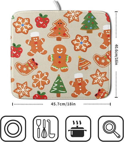 Christmas Dish Drying Mat for Kitchen Counter 16x18 Cute Gingerbread Themed