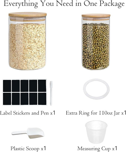 Glass Storage Jars Set Elegant Containers with Airtight Bamboo Lids, Perfect for Kitchen Organization - Flour, Rice, Pasta, Sugar, Coffee Beans, Accessories Included (2 packs(37oz / 110oz))