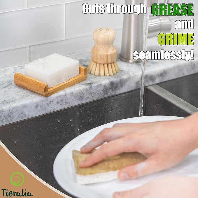 Tieralia Lemon Dish Soap Bar & Natural Plant-Based Dish Sponge Bundle | 2-Pack Solid Dish Soap + 12 Eco-Friendly Biodegradable Kitchen Sponges