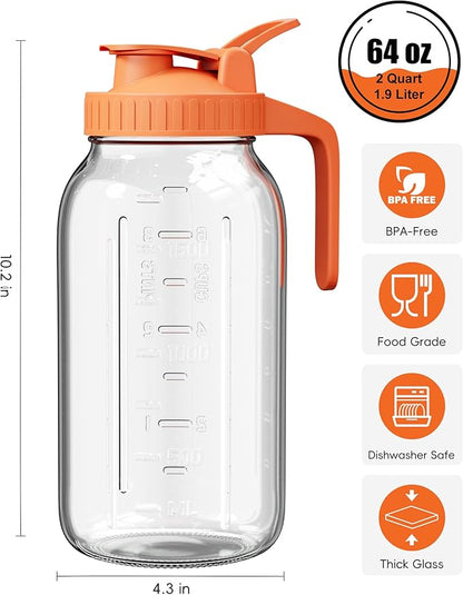 Glass Pitcher with Airtight Lid and Spout, 64oz Mason Jar Pitcher
