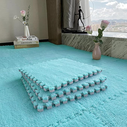 16pcs 0.6" Thickened Interlocking Tile Mats,Fluffy Shaggy Soft EVA Foam Area Rug for Living Room & Bedroom,Non-Slip Protective Floor Carpet Play Mat Kids Baby Dorm Home Decor (11.8ft, Blue)