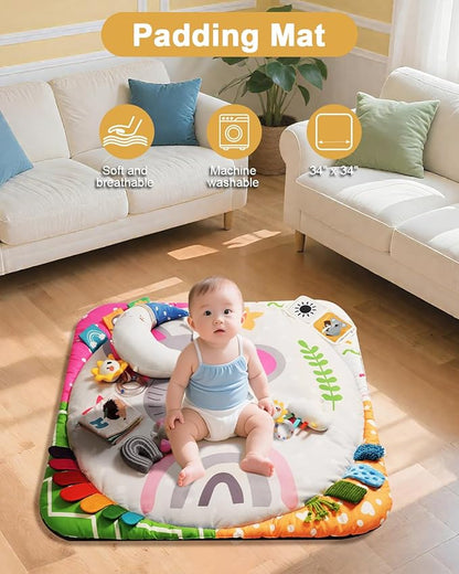 Baby Play Gym with 4 Developmental Zones – Tummy Time Mat & Activity Mat with 6 Sensory Toys, Visual Cards & Pillow – Baby Essentials & Ideal Gift for Newborns