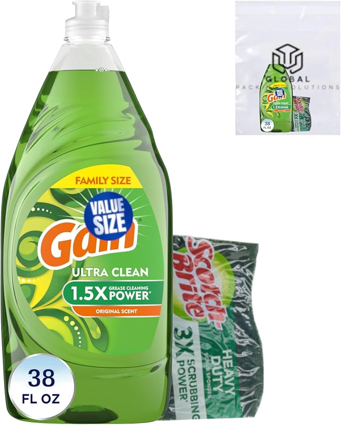Gain Ultra Degreaser Dish Soap, Original Scent, 38 Fl Oz bundled with Heacy Duty Scotch Brite Sponge
