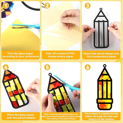 32 Sets Back to School Pencil Suncatchers Craft Kit DIY Window Stained Glass Effect Pencils Paper Crafts for Home School Classroom Decoration Kid Birthday Gifts Creative Art Projects Activity Game