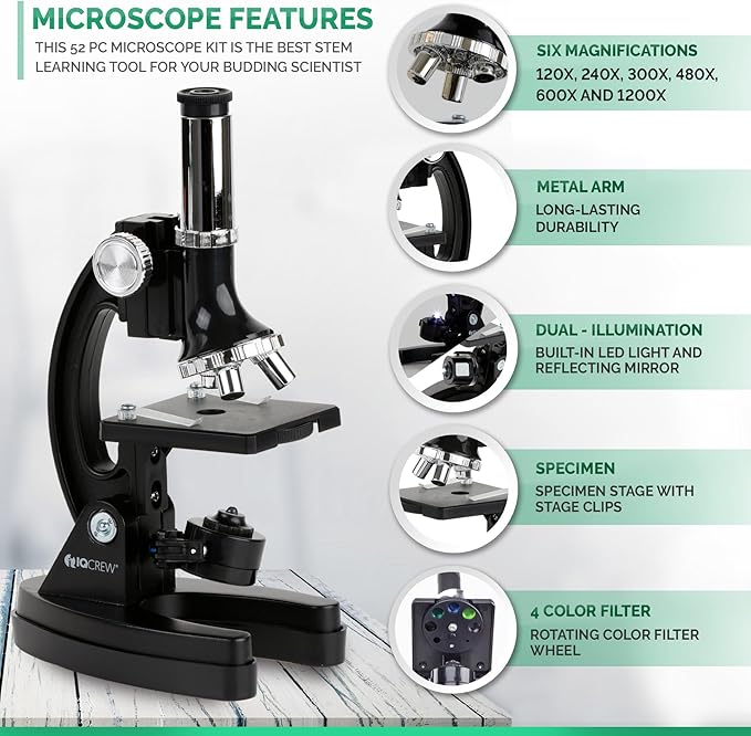 AmScope M30 Series 52-Piece STEM Microscope Kit for Kids - Monocular, Portable Compound Microscope for Kids - Includes Petri Dish, Slides & More - Black
