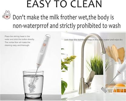 Milk Frother Handheld Foam Maker with 2 Stainless Stirring Head 3 Speed Rechargeable Electric Blender Milk Frother Wand Drink Mixer for Cappuccino Matcha Latte Hot Chocolate Protein Powder Egg (White)